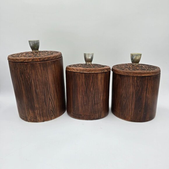 Vintage Treasure Craft US Canister Set - Flour Coffee Tea - Wood Look Ceramic wi - Picture 4 of 14